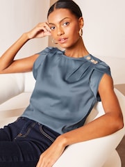 Lipsy Petrol Blue Tulip Sleeve Round Neck Button Detail Satin Top - Image 3 of 4