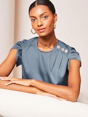 Lipsy Petrol Blue Tulip Sleeve Round Neck Button Detail Satin Top - Image 4 of 4