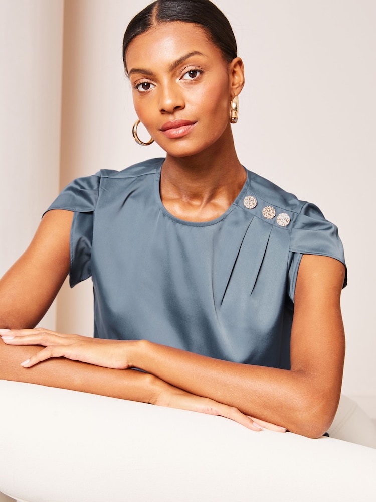 Lipsy Petrol Blue Tulip Sleeve Round Neck Button Detail Satin Top - Image 4 of 4