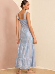 Love & Roses Blue Metallic Strappy Shirred Maxi Summer Dress - Image 3 of 4