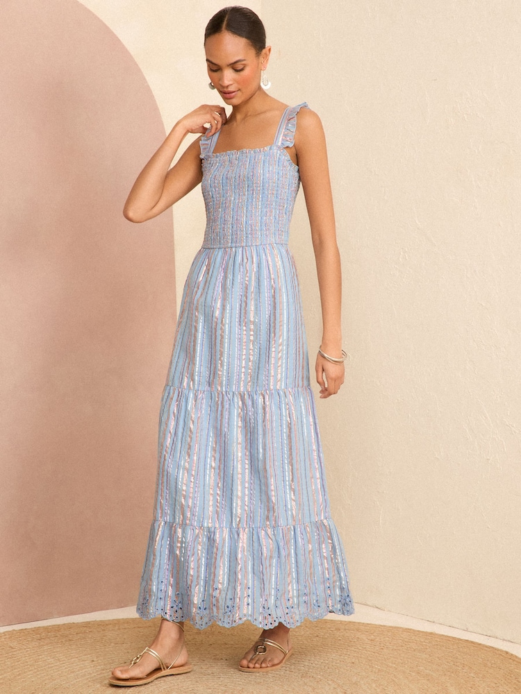 Love & Roses Blue Metallic Strappy Shirred Maxi Summer Dress - Image 4 of 4