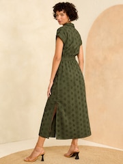 Love & Roses Khaki Green Roll Sleeve Belted Shirt Dress - Image 3 of 4