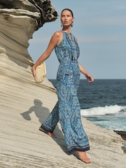 Love & Roses Blue Paisley Printed Halter Wide Leg Jumpsuit - Image 4 of 4