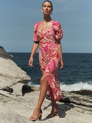 Love & Roses Pink Floral Petite Printed Square Neck Midi Dress With Touch of Linen - Image 1 of 3