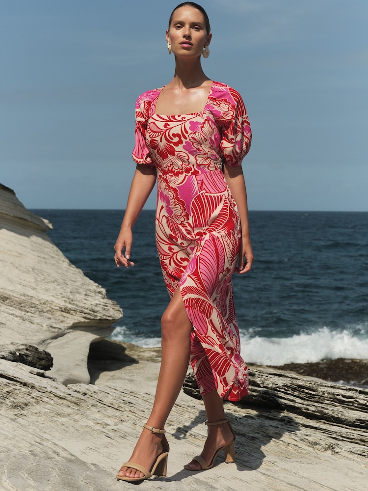 Love & Roses Pink Floral Petite Printed Square Neck Midi Dress With Touch of Linen - Image 1 of 3