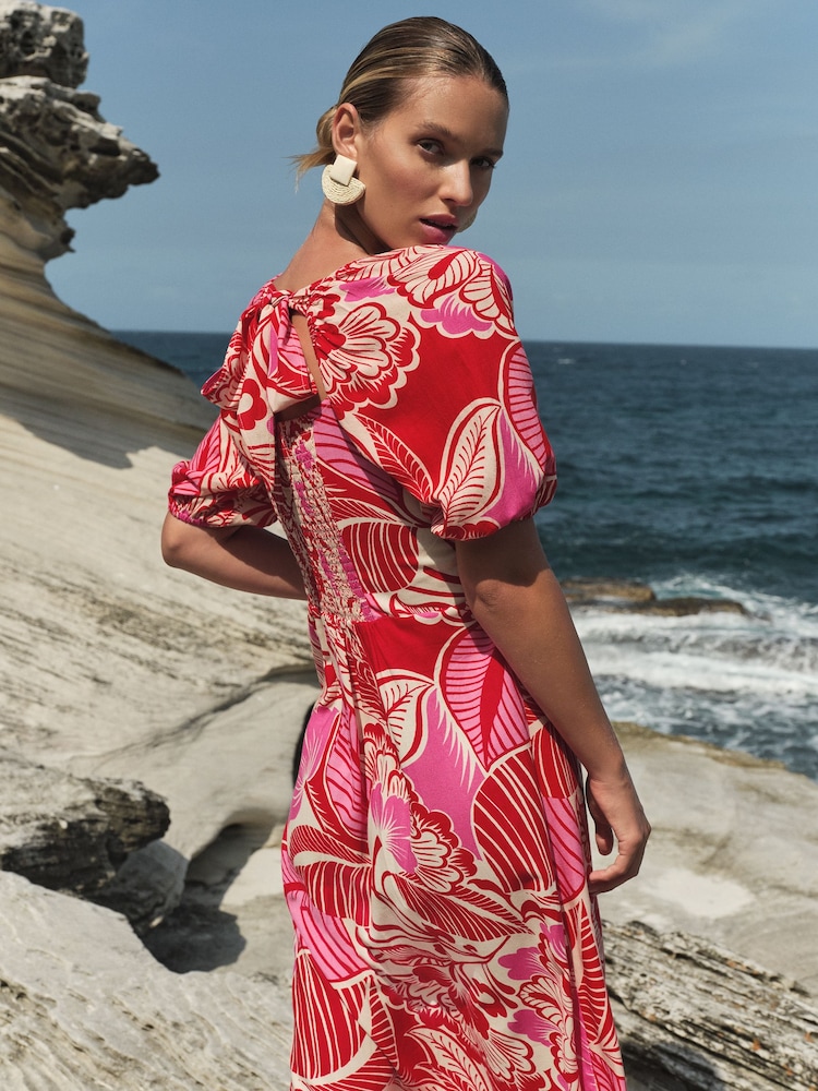 Love & Roses Pink Floral Petite Printed Square Neck Midi Dress With Touch of Linen - Image 2 of 3