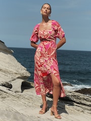 Love & Roses Pink Floral Petite Printed Square Neck Midi Dress With Touch of Linen - Image 3 of 3
