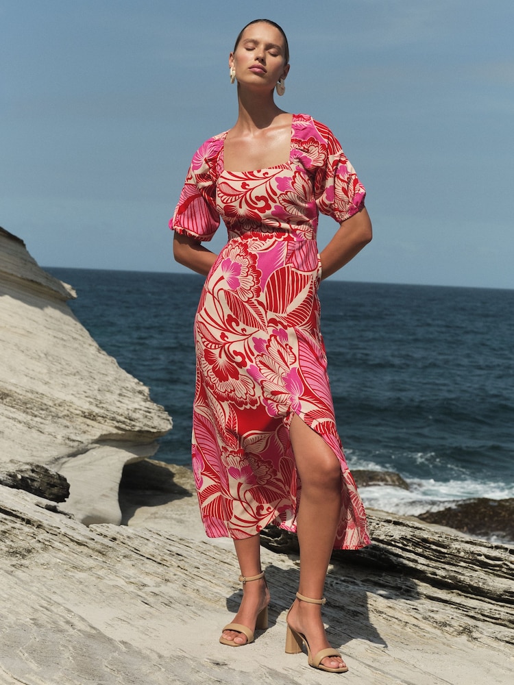 Love & Roses Pink Floral Petite Printed Square Neck Midi Dress With Touch of Linen - Image 3 of 3