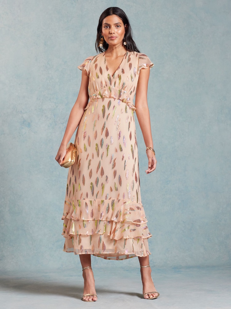 Love & Roses Pink Metallic Petite Ruffle Detail Cap Sleeve Midi Dress - Image 1 of 4