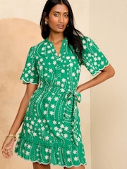 Love & Roses Green Floral Embroidered V Neck Belted Mini Dress - Image 1 of 4