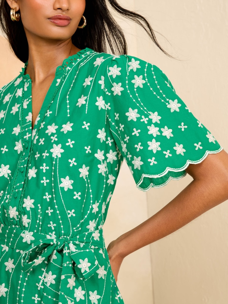Love & Roses Green Floral Embroidered V Neck Belted Mini Dress - Image 2 of 4