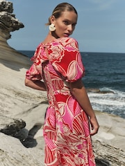 Love & Roses Pink Floral Printed Square Neck Midi Dress With Touch of Linen - Image 2 of 4