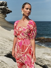 Love & Roses Pink Floral Printed Square Neck Midi Dress With Touch of Linen - Image 3 of 4