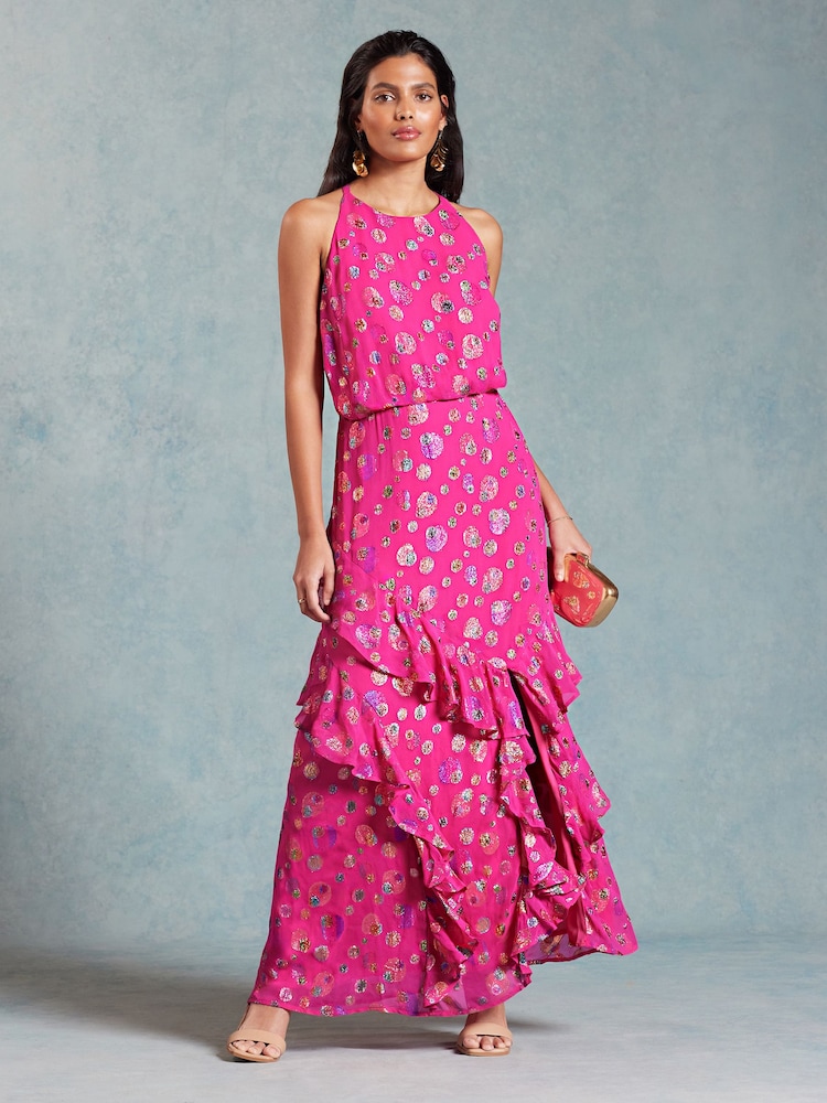 Pink-Metallic - Love & Roses, Neckholder-Maxikleid mit Rüschendetail - Bild 1 von 4 Pink-Metallic - Love & Roses, Neckholder-Maxikleid mit Rüschendetail - Bild 1 von 4