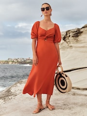 Love & Roses Orange Linen Blend Twist Front Puff Sleeve Midi Dress - Image 1 of 4