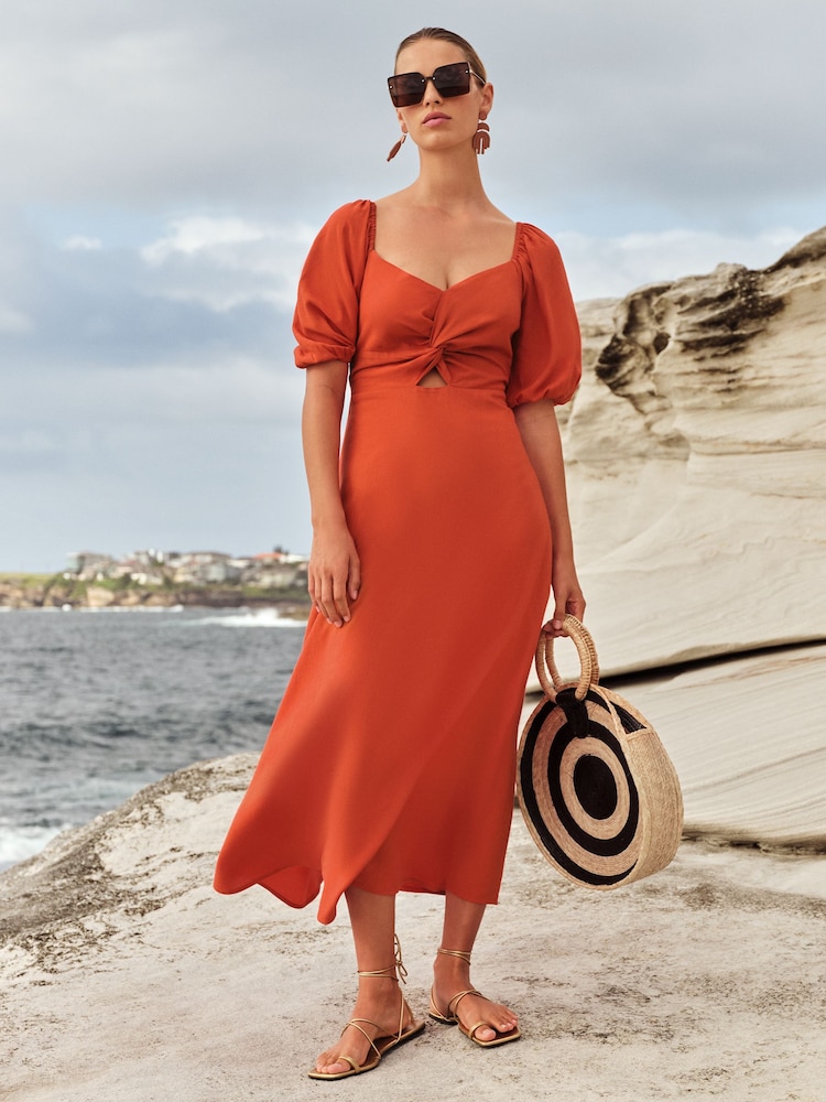 Love & Roses Orange Linen Blend Twist Front Puff Sleeve Midi Dress - Image 1 of 4