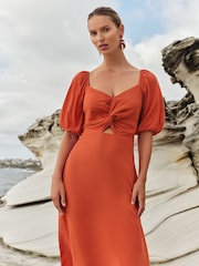 Love & Roses Orange Linen Blend Twist Front Puff Sleeve Midi Dress - Image 2 of 4