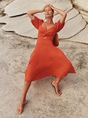 Love & Roses Orange Linen Blend Twist Front Puff Sleeve Midi Dress - Image 3 of 4