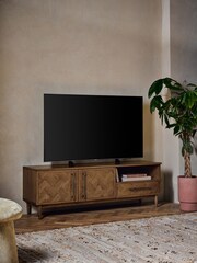 Dark Clayton Oak Marquetry Wide TV Unit - Image 1 of 10
