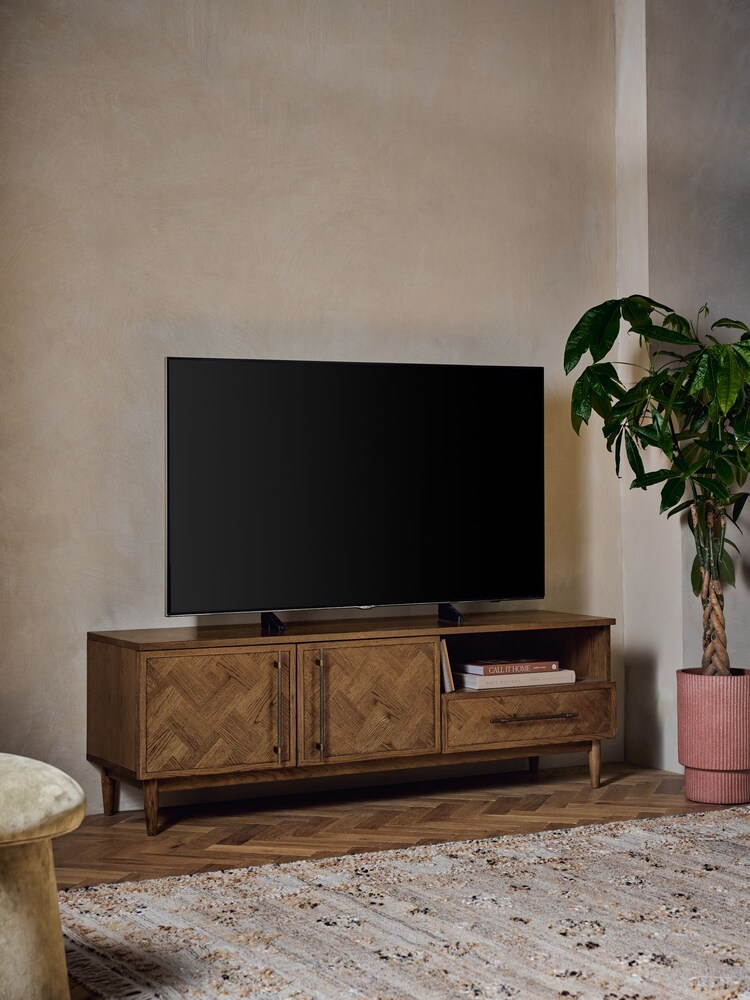 Dark Clayton Oak Marquetry Wide TV Unit - Image 1 of 10