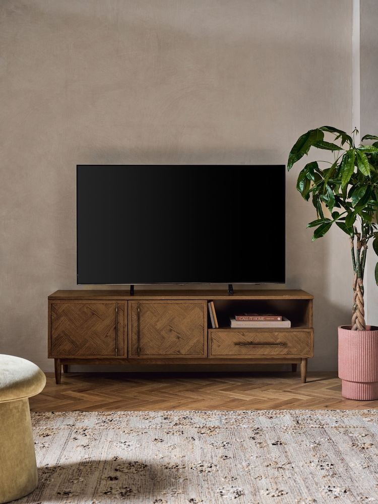 Dark Clayton Oak Marquetry Wide TV Unit - Image 2 of 10