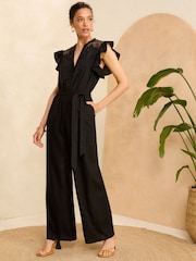 Love & Roses Black Cutwork Flutter Sleeve Jumpsuit With Linen - Image 1 of 4