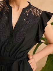 Love & Roses Black Cutwork Flutter Sleeve Jumpsuit With Linen - Image 2 of 4
