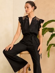 Love & Roses Black Cutwork Flutter Sleeve Jumpsuit With Linen - Image 4 of 4