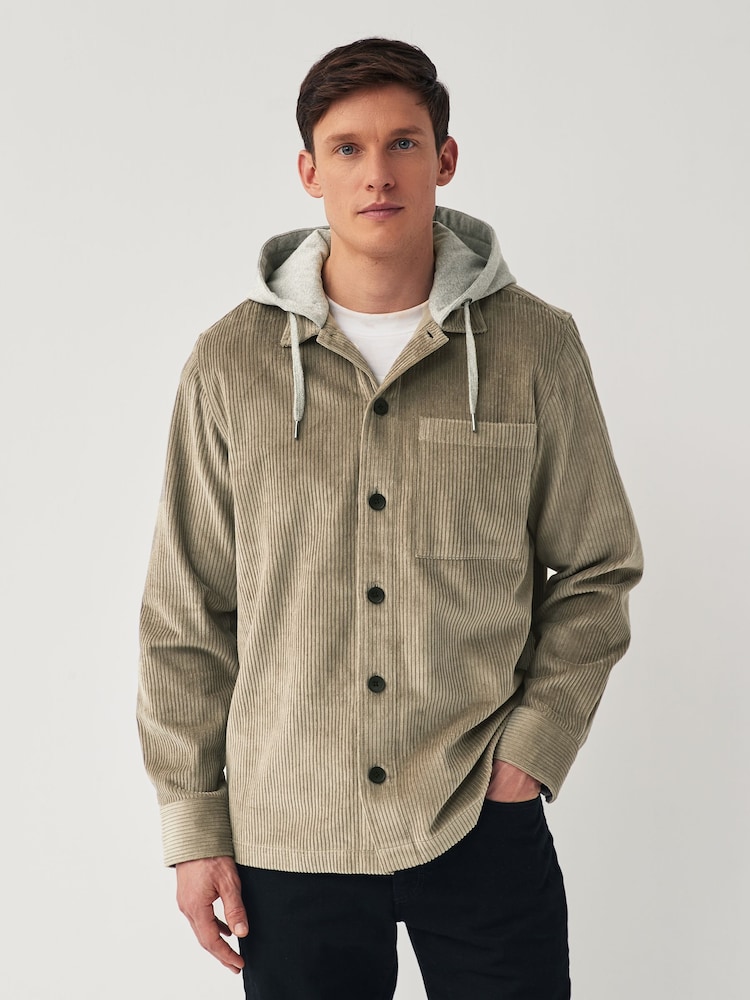 Grey Cord Single Pocket Shacket with Hood - Image 1 of 8