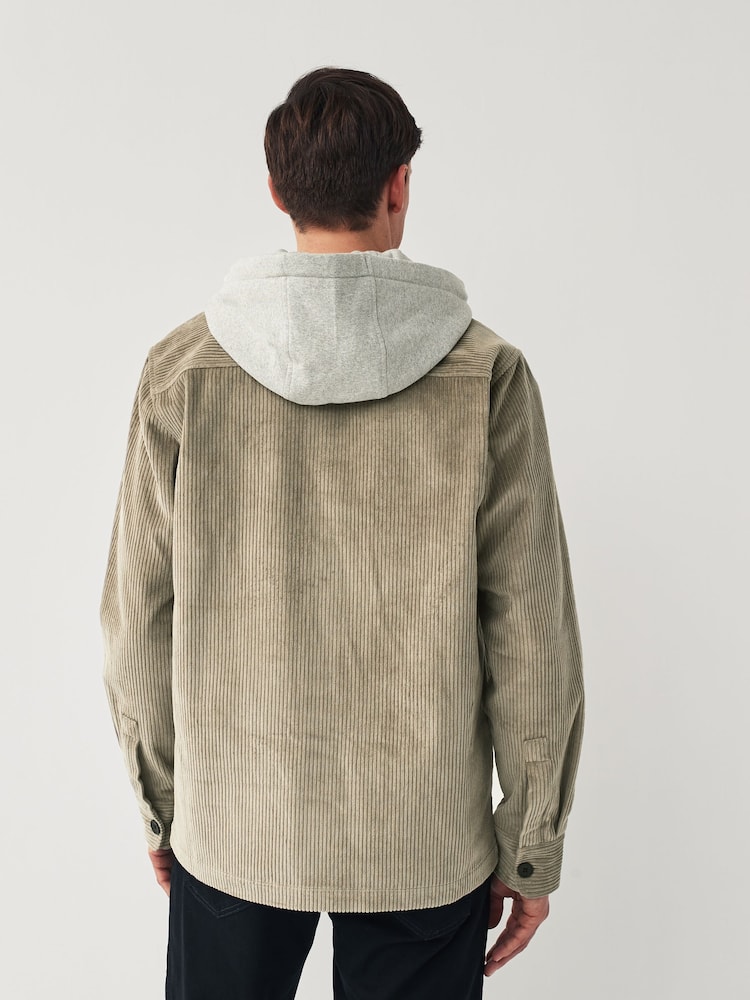 Grey Cord Single Pocket Shacket with Hood - Image 2 of 8