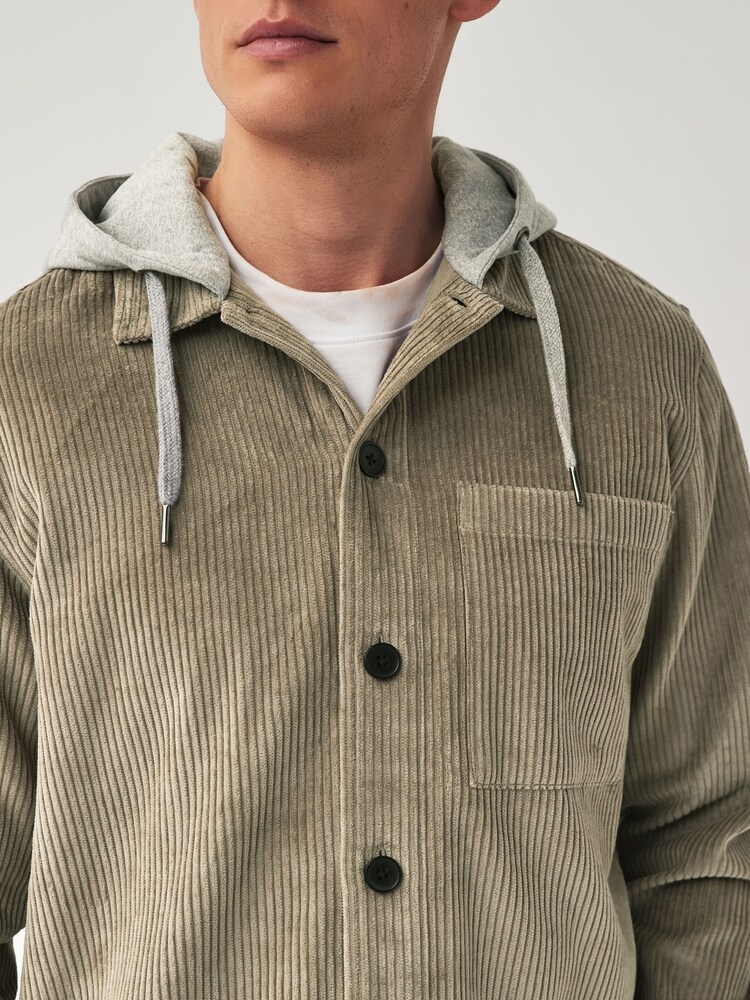 Grey Cord Single Pocket Shacket with Hood - Image 4 of 8