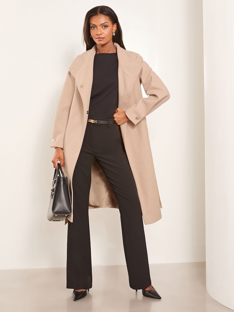 Lipsy Camel Funnel Neck Wrap Belted Coat With Wool - Image 3 of 4