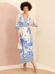Love & Roses Ivory White Placement Print V Neck Midi Dress - Image 1 of 4