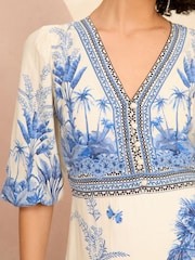 Love & Roses Ivory White Placement Print V Neck Midi Dress - Image 2 of 4