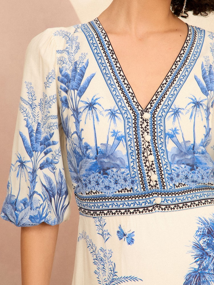 Love & Roses Ivory White Placement Print V Neck Midi Dress - Image 2 of 4