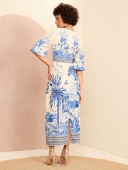 Love & Roses Ivory White Placement Print V Neck Midi Dress - Image 3 of 4