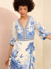 Love & Roses Ivory White Placement Print V Neck Midi Dress - Image 4 of 4