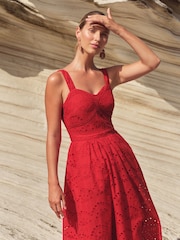 Love & Roses Red Cami Corset Lace Trim Cotton Midi Dress - Image 2 of 4