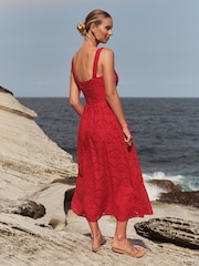 Love & Roses Red Cami Corset Lace Trim Cotton Midi Dress - Image 3 of 4