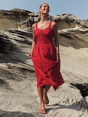 Love & Roses Red Cami Corset Lace Trim Cotton Midi Dress - Image 4 of 4