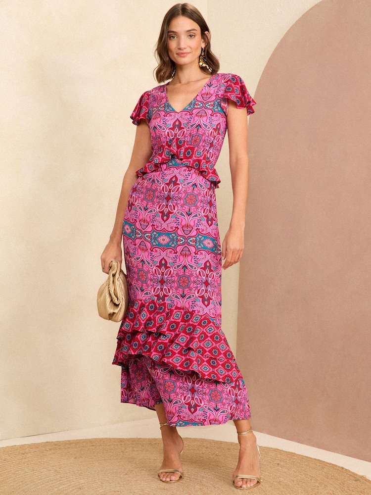 Love & Roses Pink Tile Ruffle Detail Cap Sleeve Midi Dress - Image 1 of 4