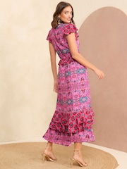 Love & Roses Pink Tile Ruffle Detail Cap Sleeve Midi Dress - Image 3 of 4