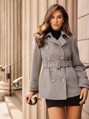 Lipsy Grey Short Belted Military Coat With Wool - Image 1 of 6