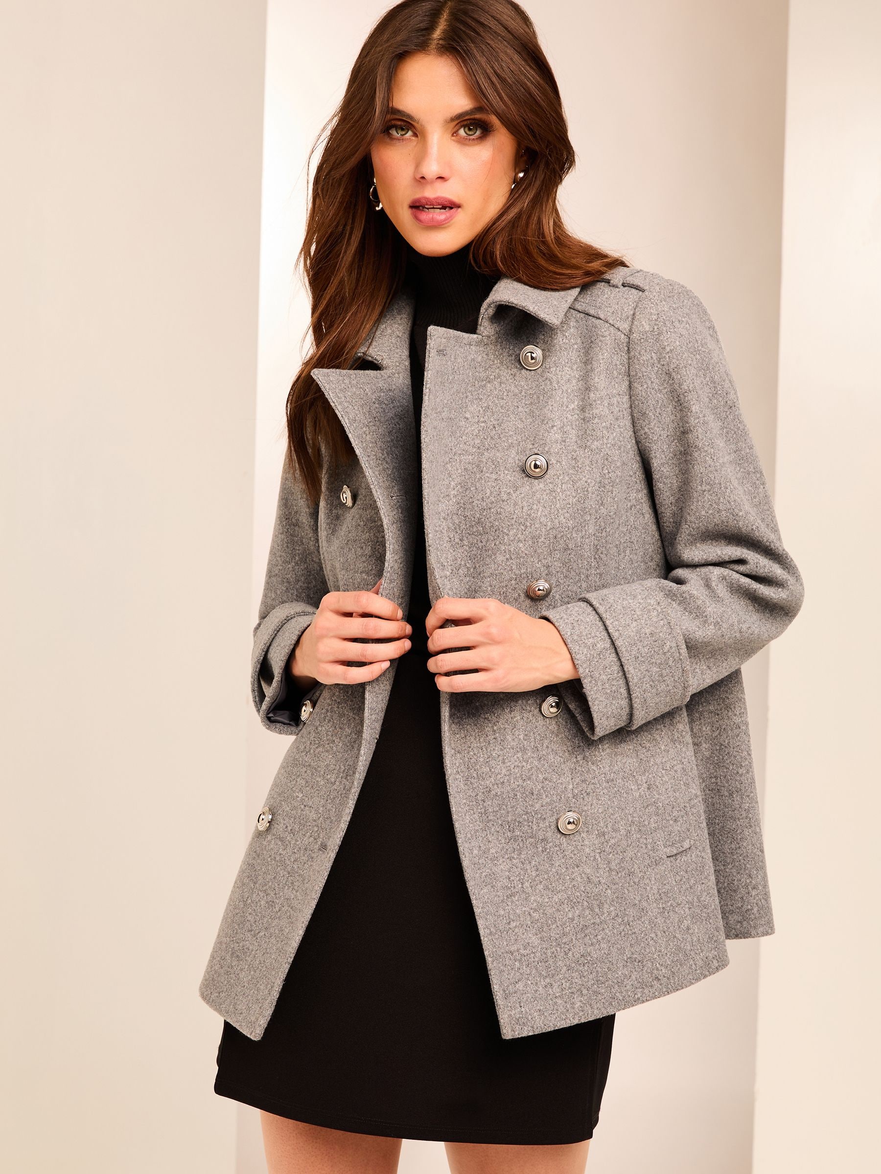Buy Lipsy Grey Short Belted Military Coat With Wool from the Next UK online shop