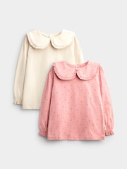 JoJo Maman Bébé Rose Pink Spot 2-Pack Long Sleeve Frill Collar Tops - Image 1 of 7
