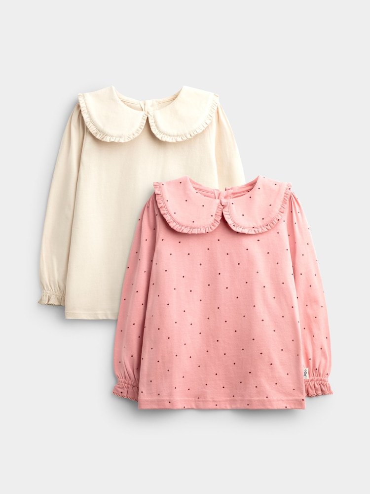 JoJo Maman Bébé Rose Pink Spot 2-Pack Long Sleeve Frill Collar Tops - Image 1 of 7 JoJo Maman Bébé Rose Pink Spot 2-Pack Long Sleeve Frill Collar Tops - Image 1 of 7