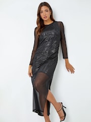 Dusk Black Sequin Mesh Overlay Midi Dress - Image 1 of 5