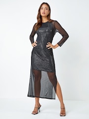Dusk Black Sequin Mesh Overlay Midi Dress - Image 2 of 5