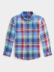Polo Ralph Lauren Boys Blue Checked Linen Shirt - Image 1 of 4