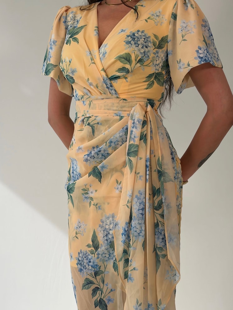Girl In Mind Yellow Drew Puff Sleeve Wrap Front Midi Dress - Image 1 of 1 Girl In Mind Yellow Drew Puff Sleeve Wrap Front Midi Dress - Image 1 of 1